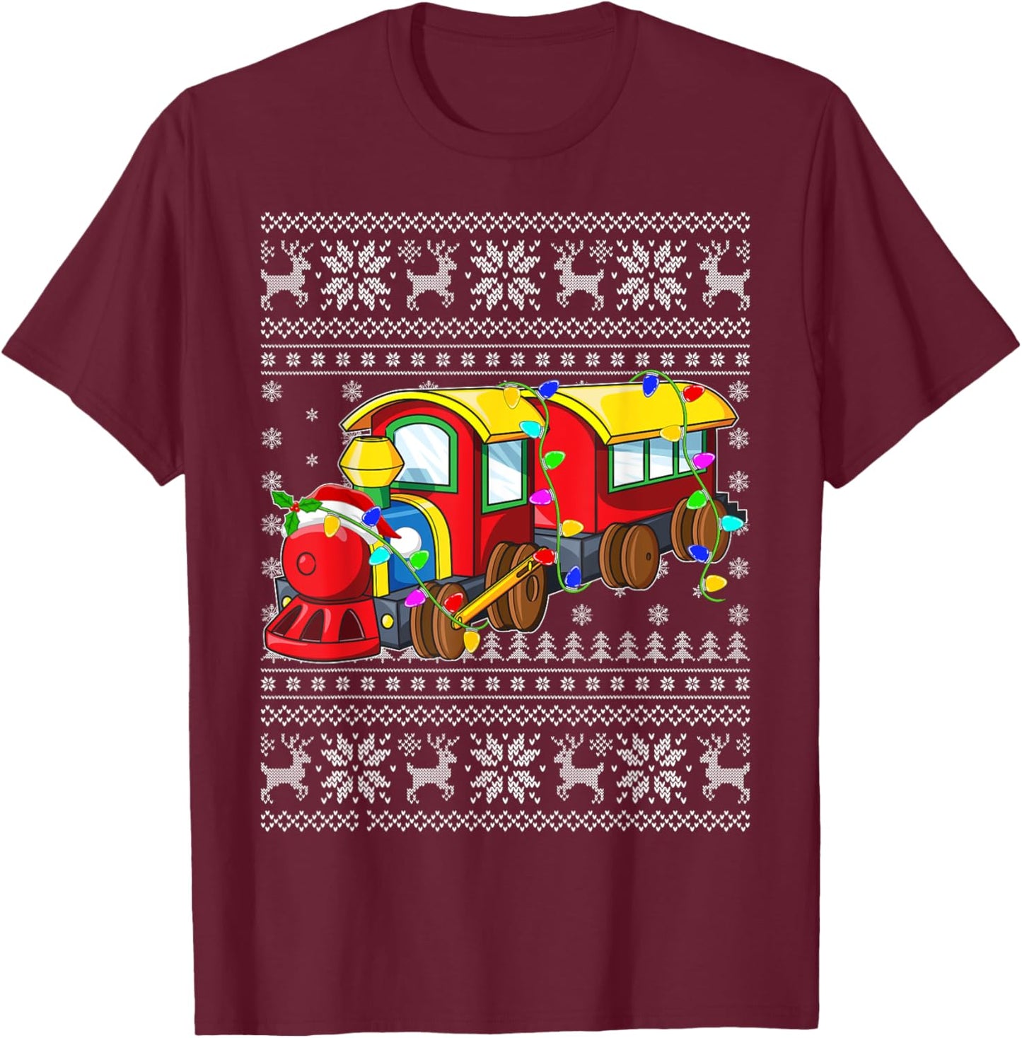 Ugly Sweater Xmas Lights Santa Hat Train Christmas T-Shirt - T-Shirt | Maroon