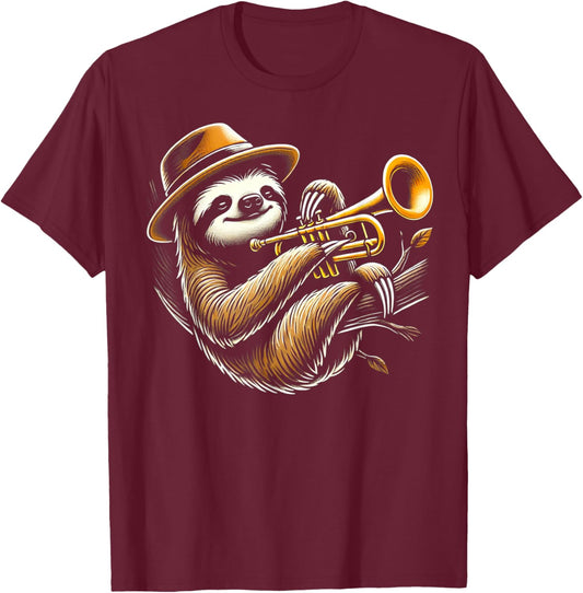 Sloth Trumpet Player Trumpeter Jazz Music Lover T-Shirt - T-Shirt | Maroon