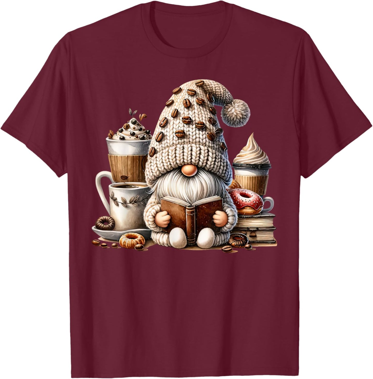Vintage Cute Gnome Reading Book Coffee Latte Men Women Kids T-Shirt - T-Shirt | Maroon