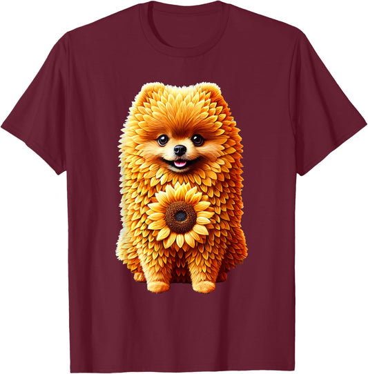 Sunflower Pomeranian Dog Flower Gardening Floral T-Shirt - T-Shirt | Maroon