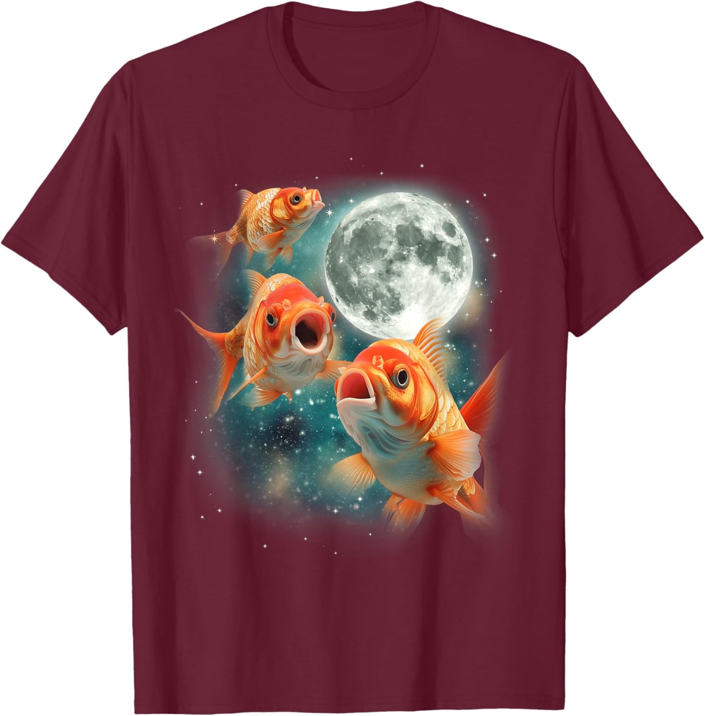 Three Goldfish Moon | 3 Fish Moon Unique Goldfish Parody T-Shirt - T-Shirt | Maroon