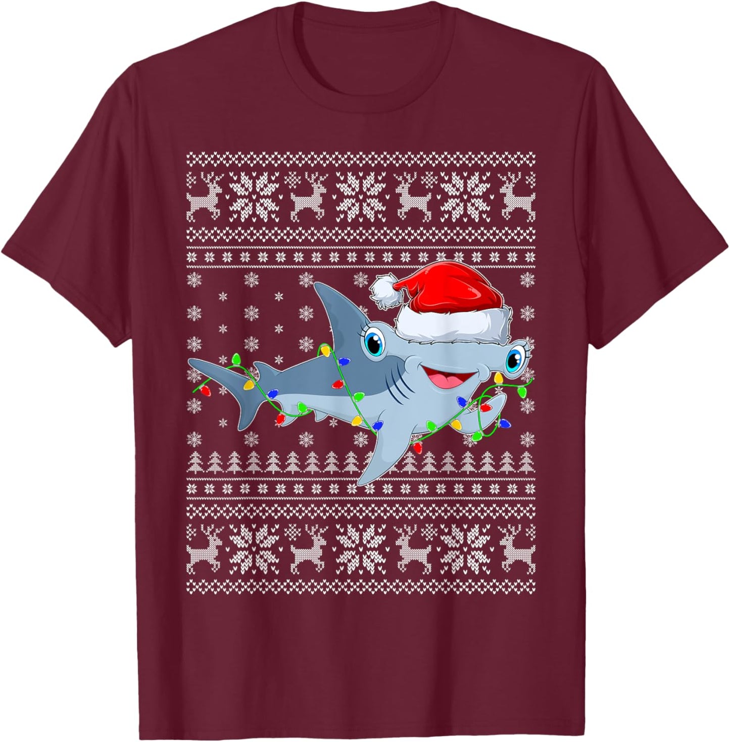 Ugly Sweater Xmas Lights Santa Hammerhead Shark Christmas T-Shirt - T-Shirt | Maroon