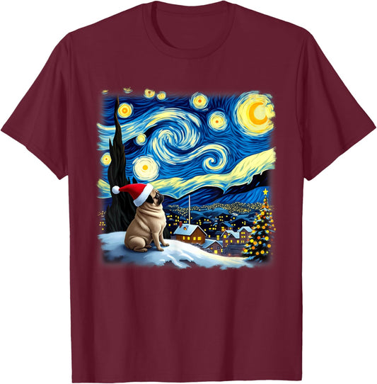 Christmas Pug Starry Night T-Shirt - T-Shirt | Maroon