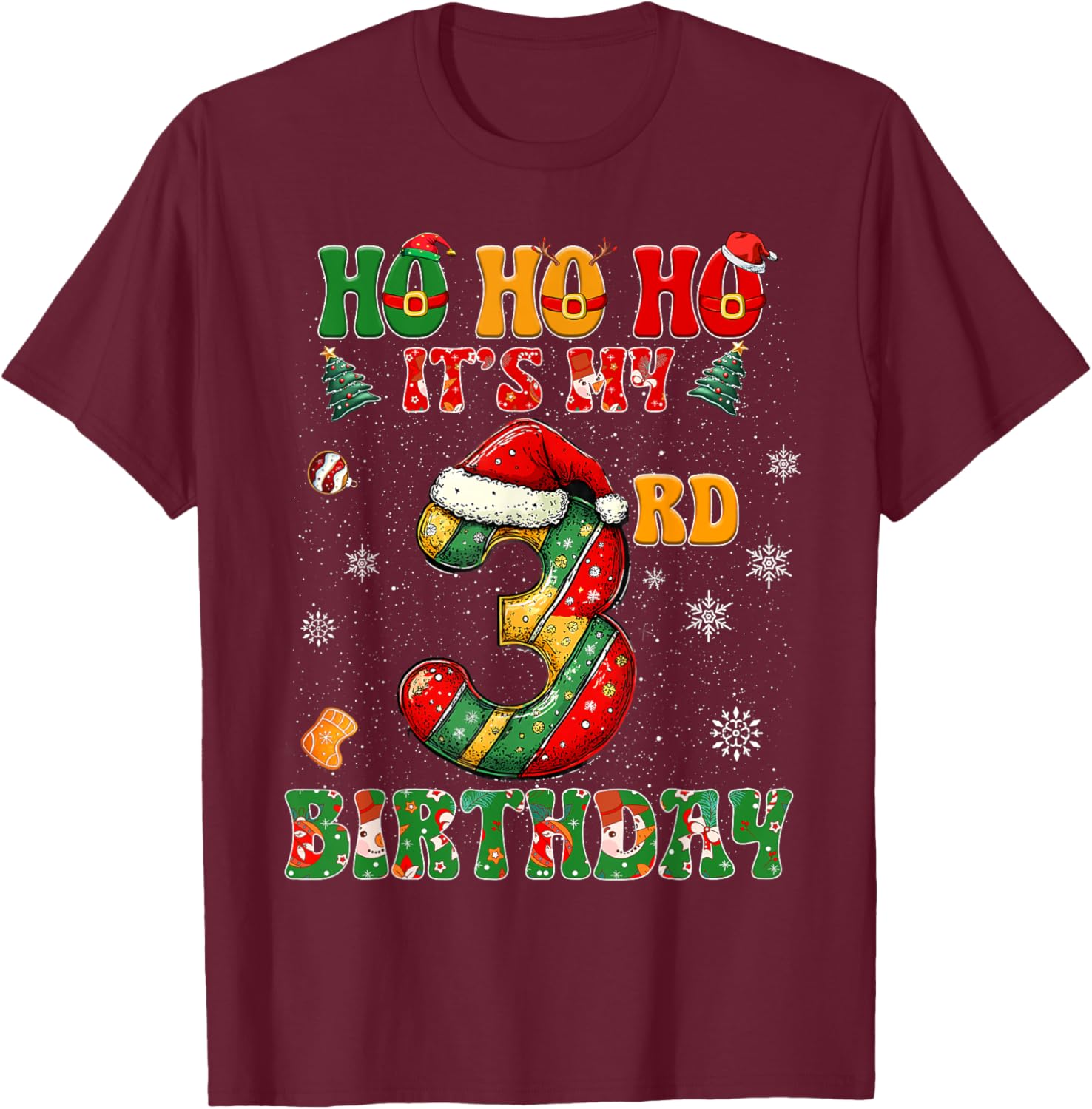 Ho Ho Ho It's My 3rd Birthday Xmas Candy Cane 3 Years Old T-Shirt - T-Shirt | Maroon