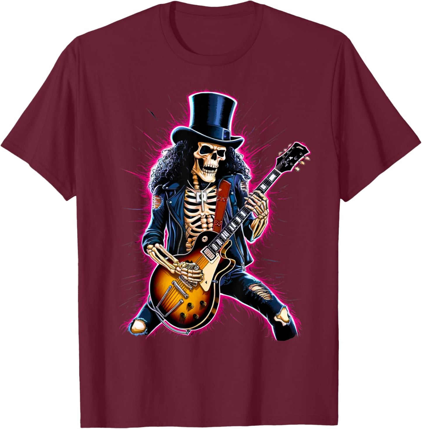 Skeleton Playing Guitar Rock & Roll Band 80s 90s Concert T-Shirt - T-Shirt | Maroon
