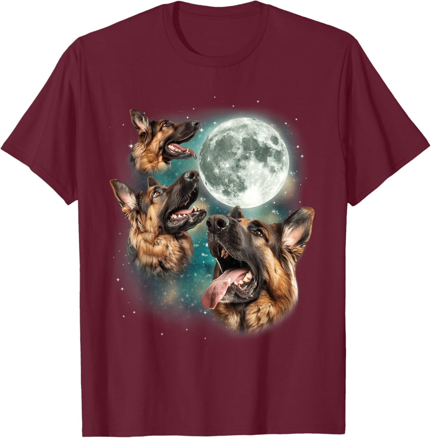 Three German Shepherd Moon | Funny Howling Dogs Canine Meme T-Shirt - T-Shirt | Maroon