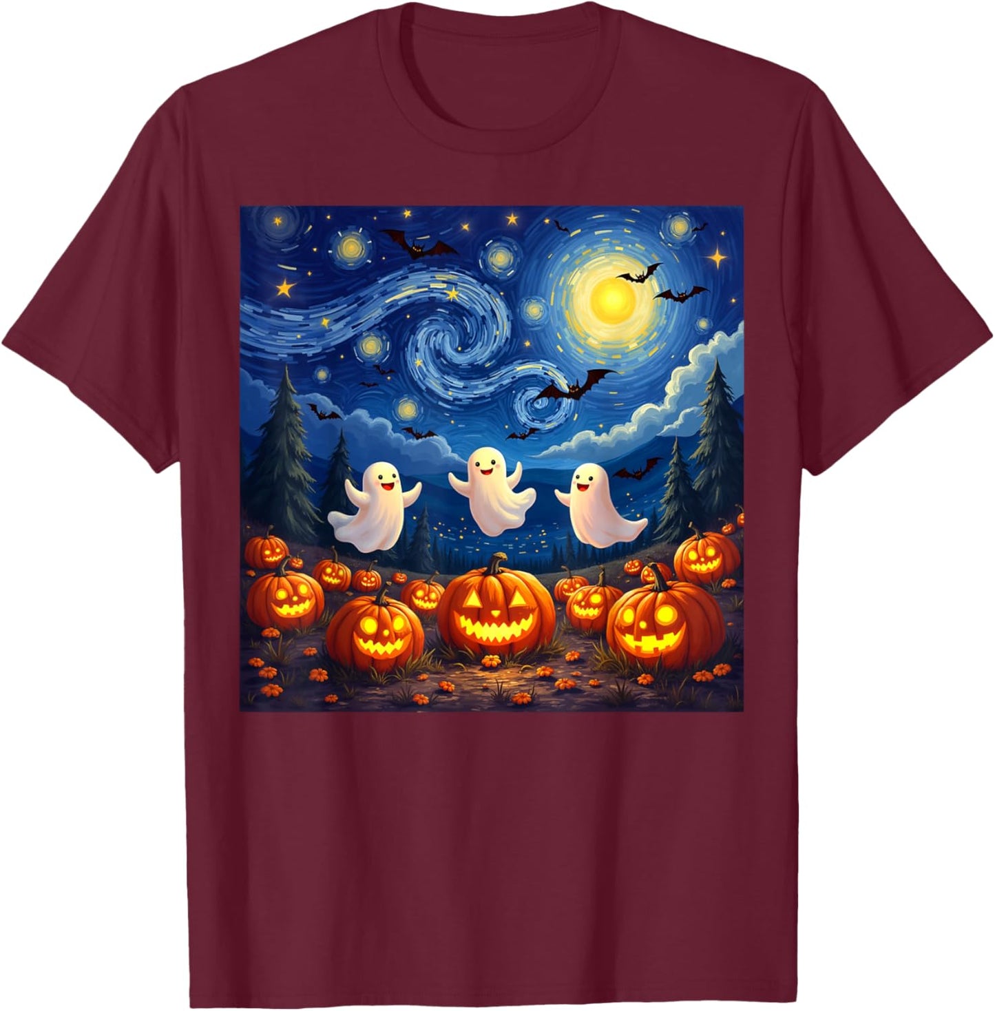 boo ghost halloween pumpkin Starry Night Van Gogh men women T-Shirt - T-Shirt | Maroon