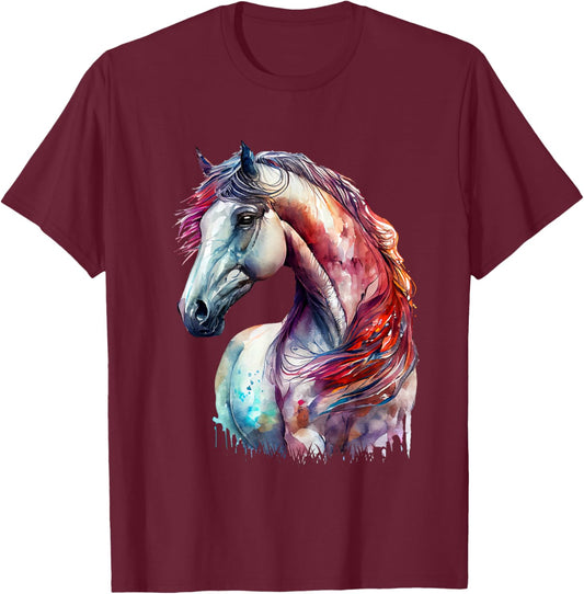 Vibrant Horse Watercolor Art Print T-Shirt - T-Shirt | Maroon