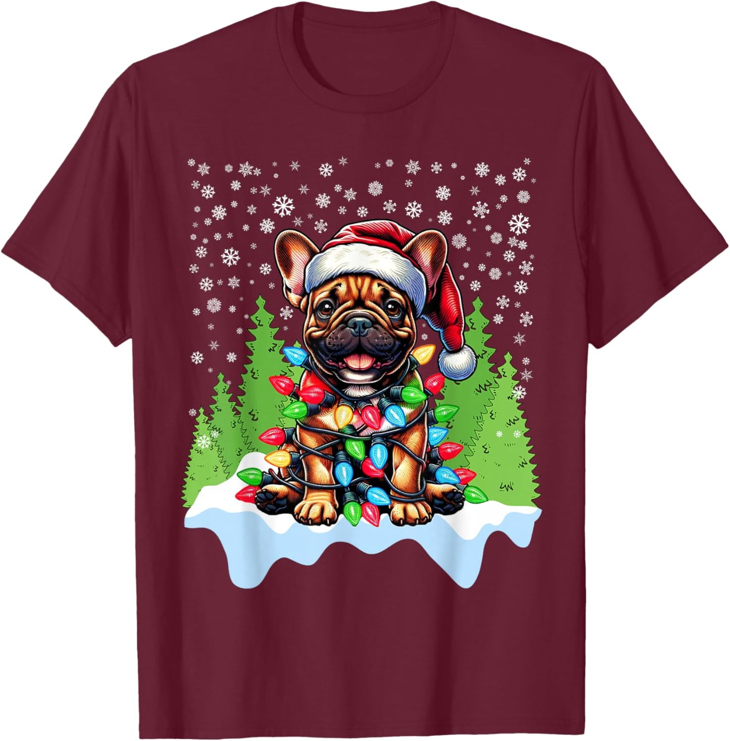 French Bulldog Christmas Santa Hat Lights Tree Snowflakes T-Shirt - T-Shirt | Maroon