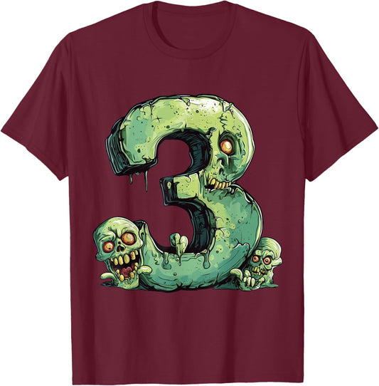 Toddler 3rd Birthday Zombie Halloween Themed 3 Year Old Kids T-Shirt - T-Shirt | Maroon