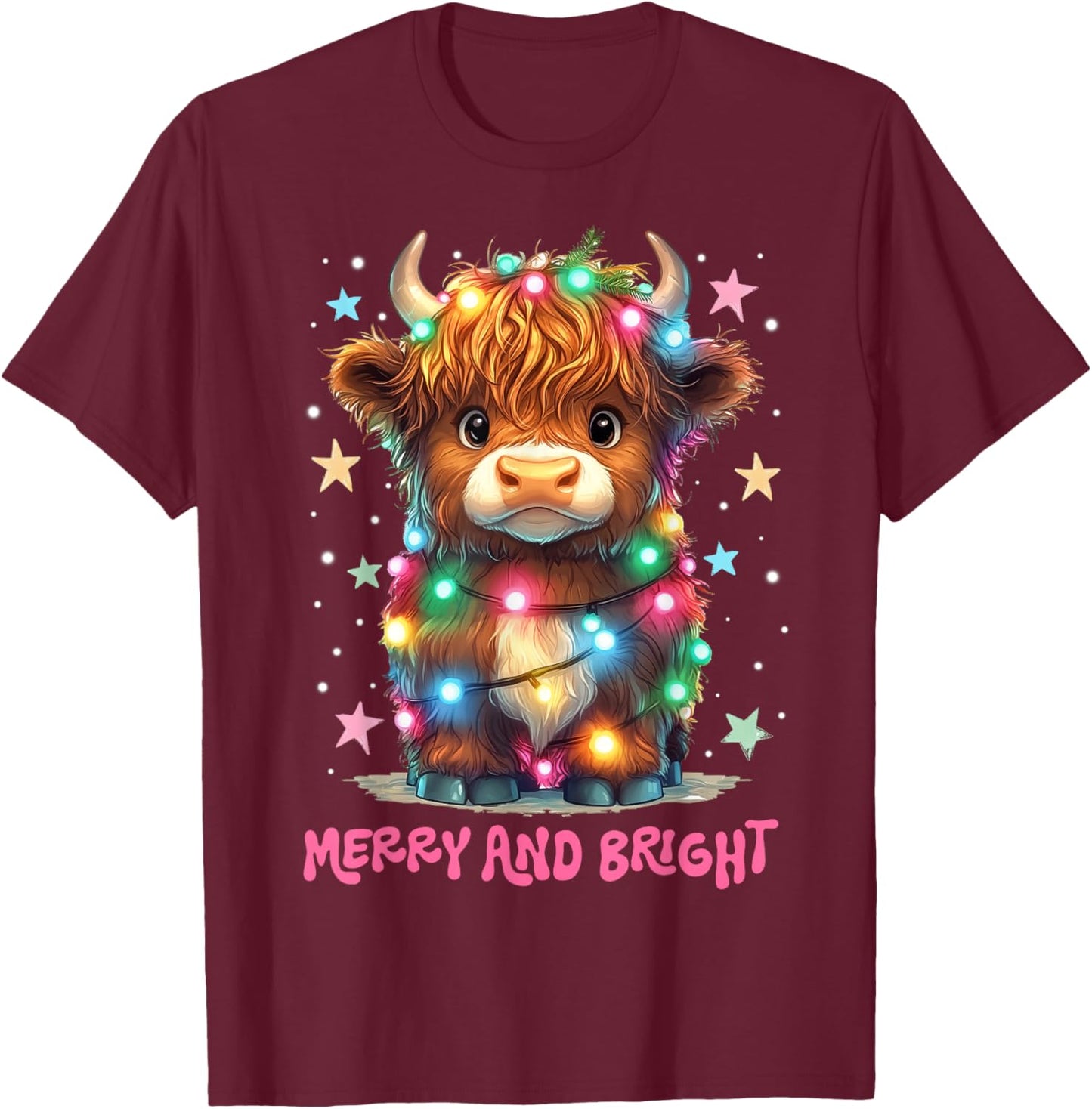 Merry And Bright Cute Highland Cow Christmas Xmas Lights T-Shirt - T-Shirt | Maroon