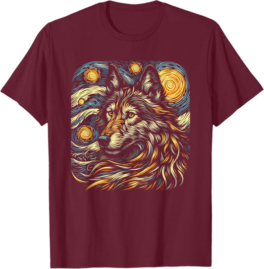 Howling Wolf Stars Moon Space Starry Night Wildlife T-Shirt - T-Shirt | Maroon