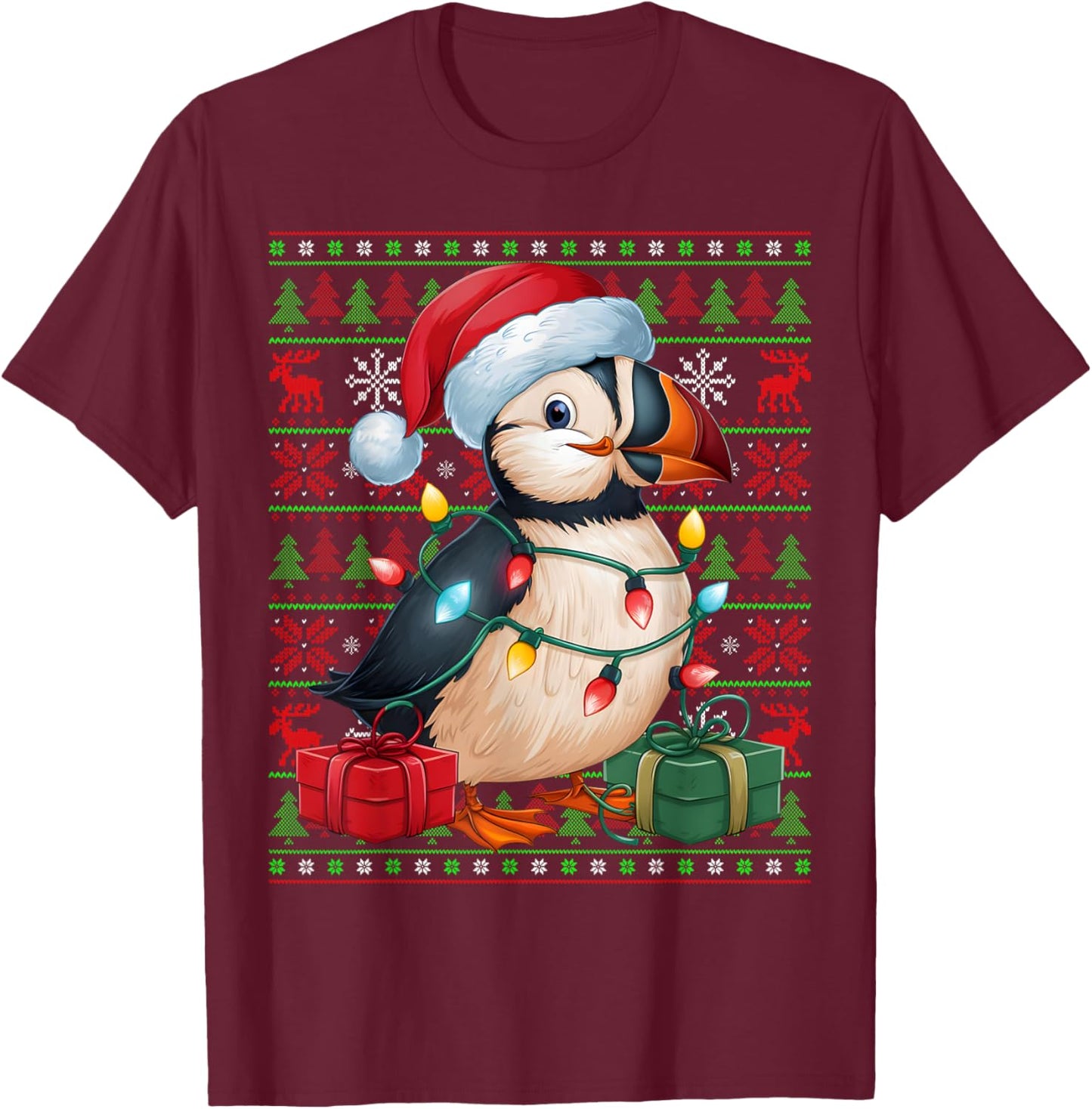 Puffin Bird Xmas Lights Ugly Santa Hat Puffin Christmas T-Shirt - T-Shirt | Maroon