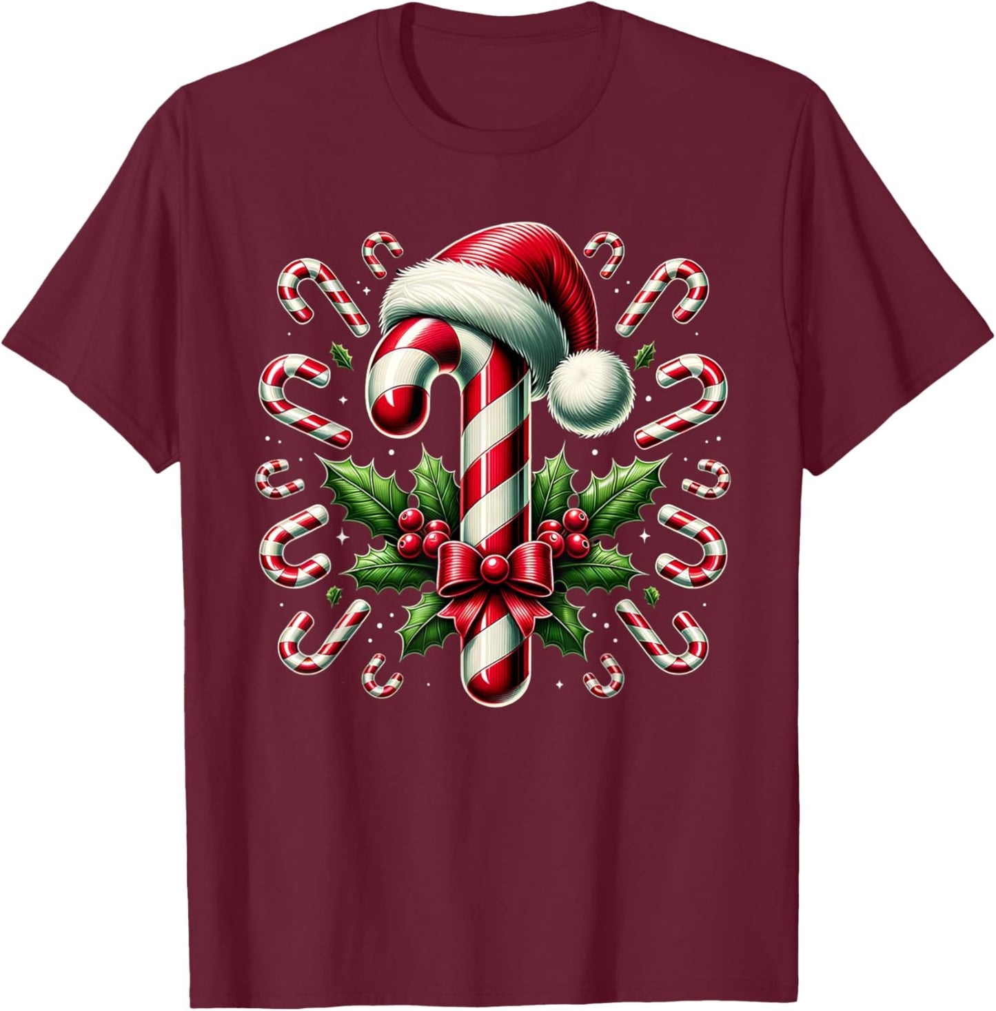 Christmas Candy Cane Crew Lights Red and White Candy Costume T-Shirt - T-Shirt | Maroon