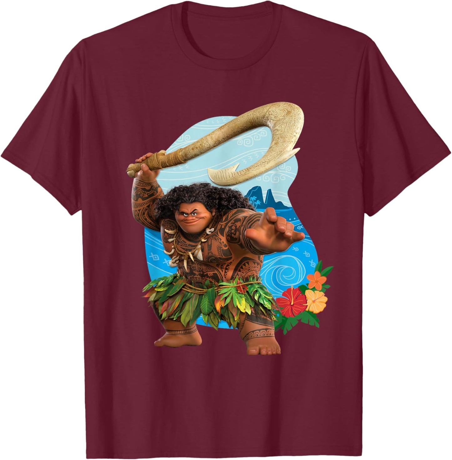 Disney Moana 2 Tropical Island Adventure Maui with Fish Hook T-Shirt - T-Shirt | Maroon