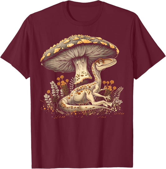 Cute Velociraptor Dinosaur Cottagecore Aesthetic Mushroom T-Shirt - T-Shirt | Maroon