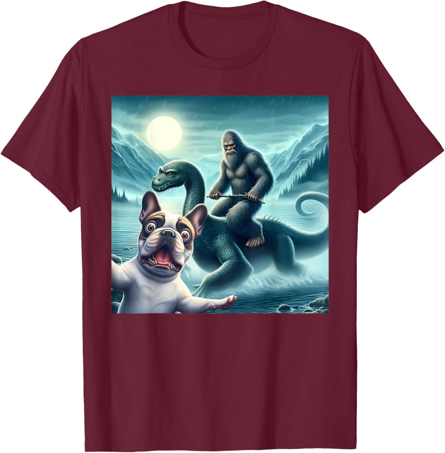 French bulldog Selfie with bigfoot riding loch Ness T-Shirt - T-Shirt | Maroon