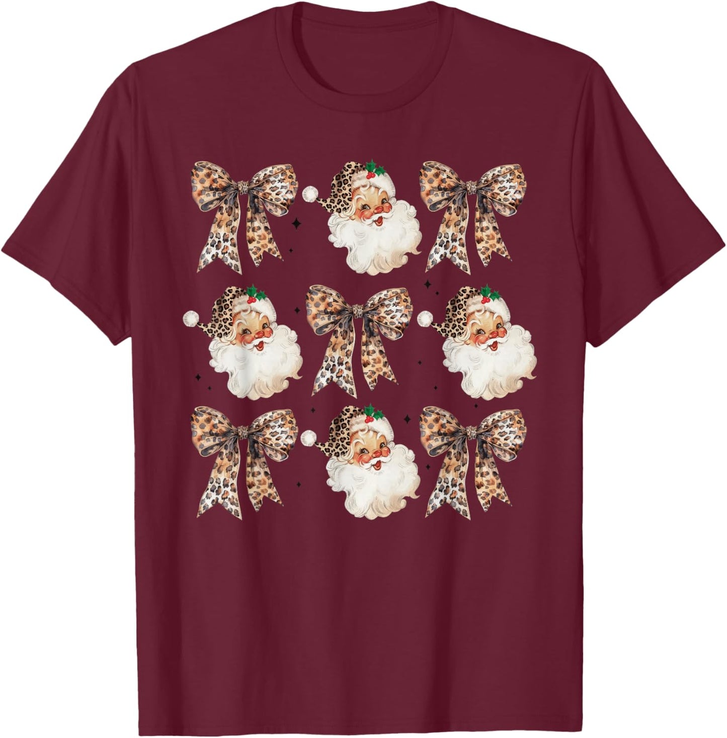 Cute Santa Christmas Xmas Coquette Bow Leopard Girls T-Shirt - T-Shirt | Maroon