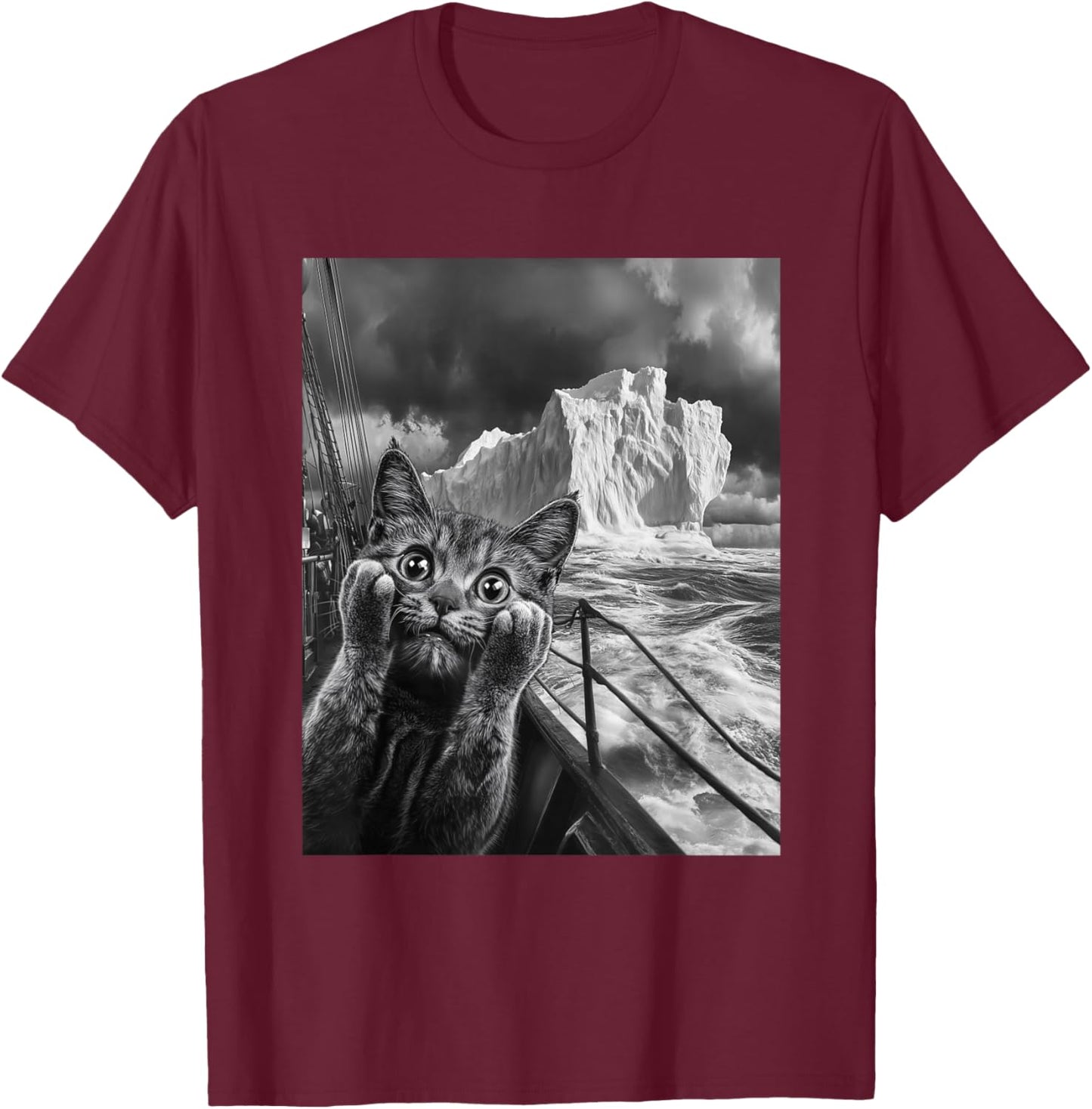 Funny Titanic Iceberg Scared Surprised Cat Selfie T-Shirt - T-Shirt | Maroon