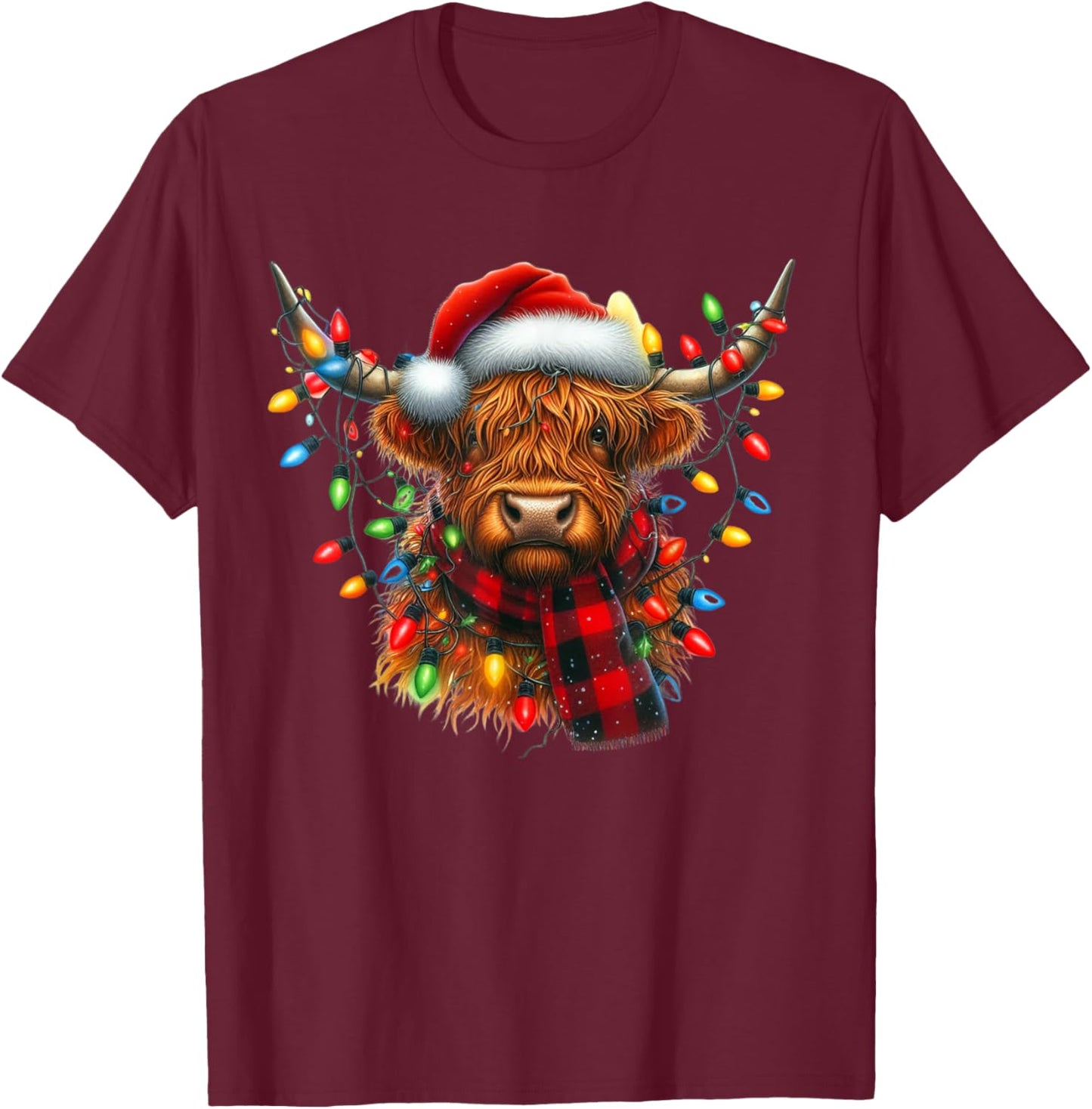 Scottish Highland Cow Santa Claus Hat Christmas Highland Cow T-Shirt - T-Shirt | Maroon