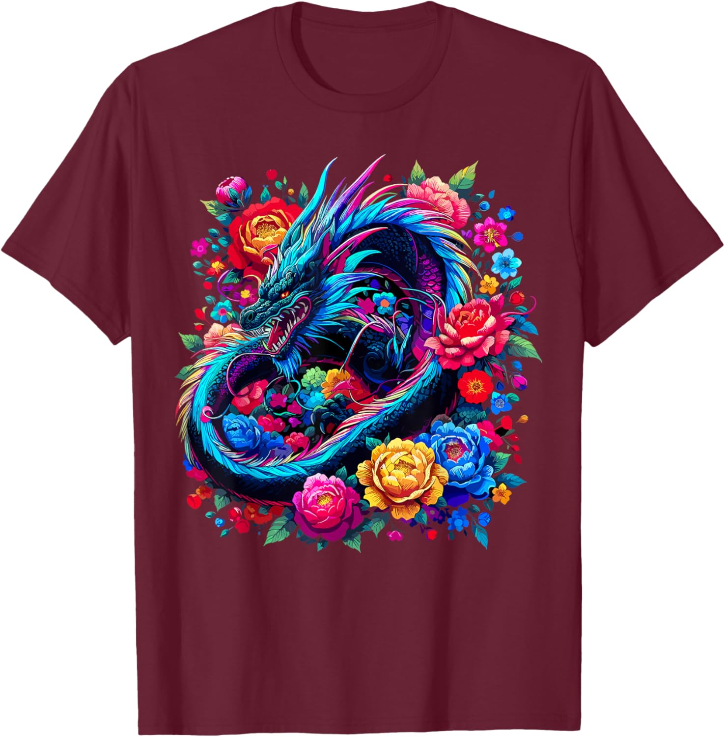 Colorful Dragon Flowers T-Shirt - T-Shirt | Maroon
