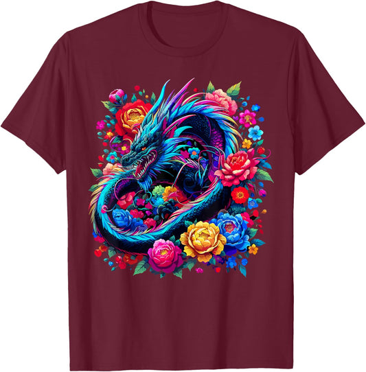 Colorful Dragon Flowers T-Shirt - T-Shirt | Maroon