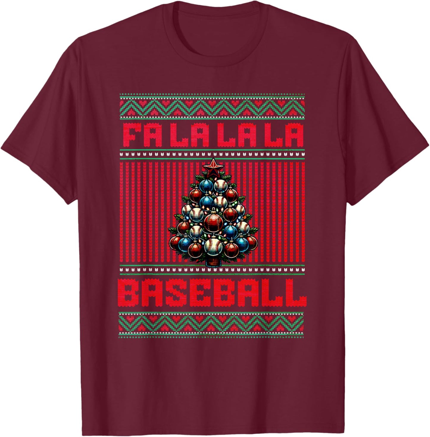 Christmas Tree Baseball Ugly Sweater Themed Holiday Graphic T-Shirt - T-Shirt | Maroon