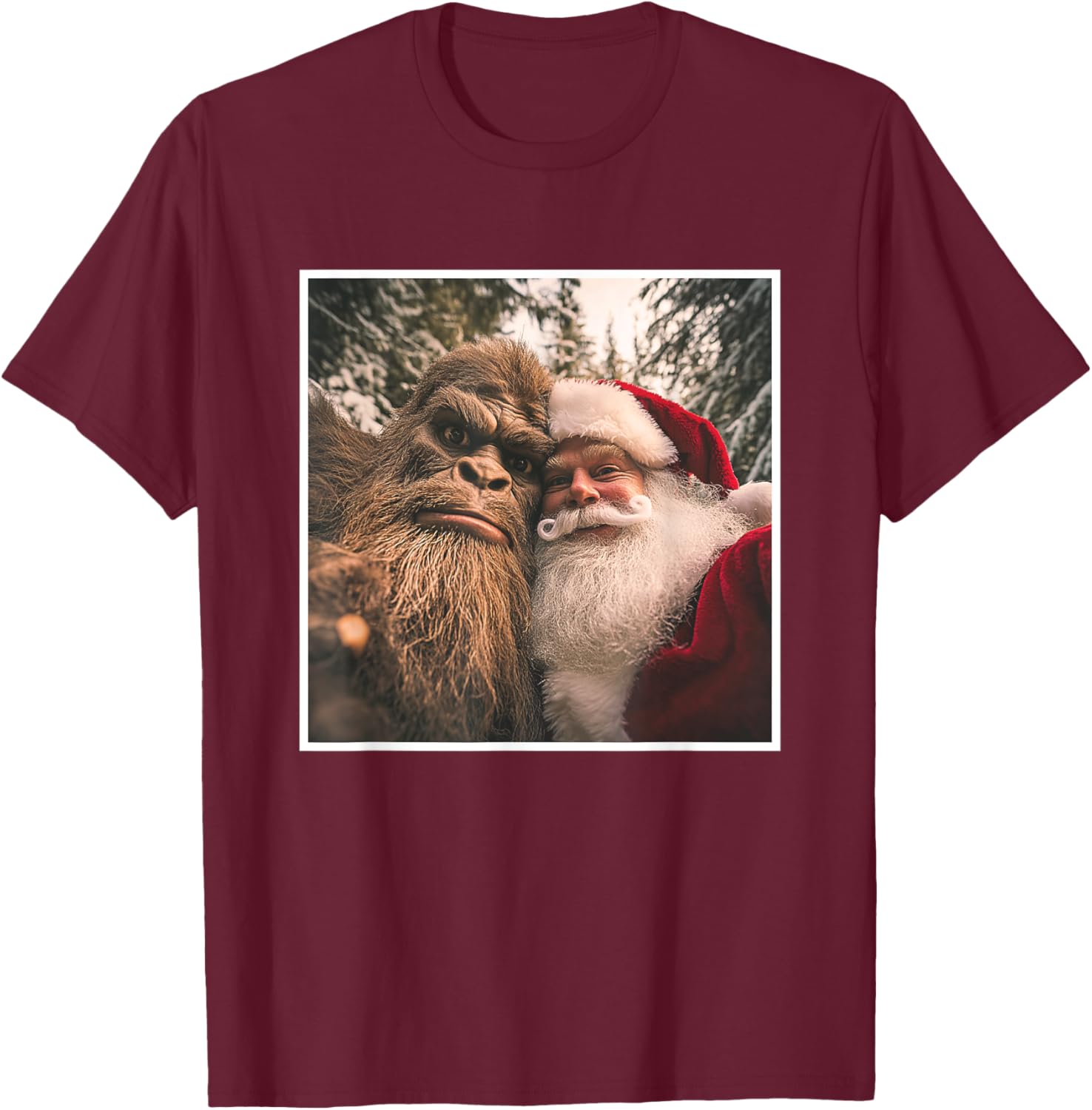 Funny Cute Bigfoot Santa Claus Selfie Christmas Pajama T-Shirt - T-Shirt | Maroon