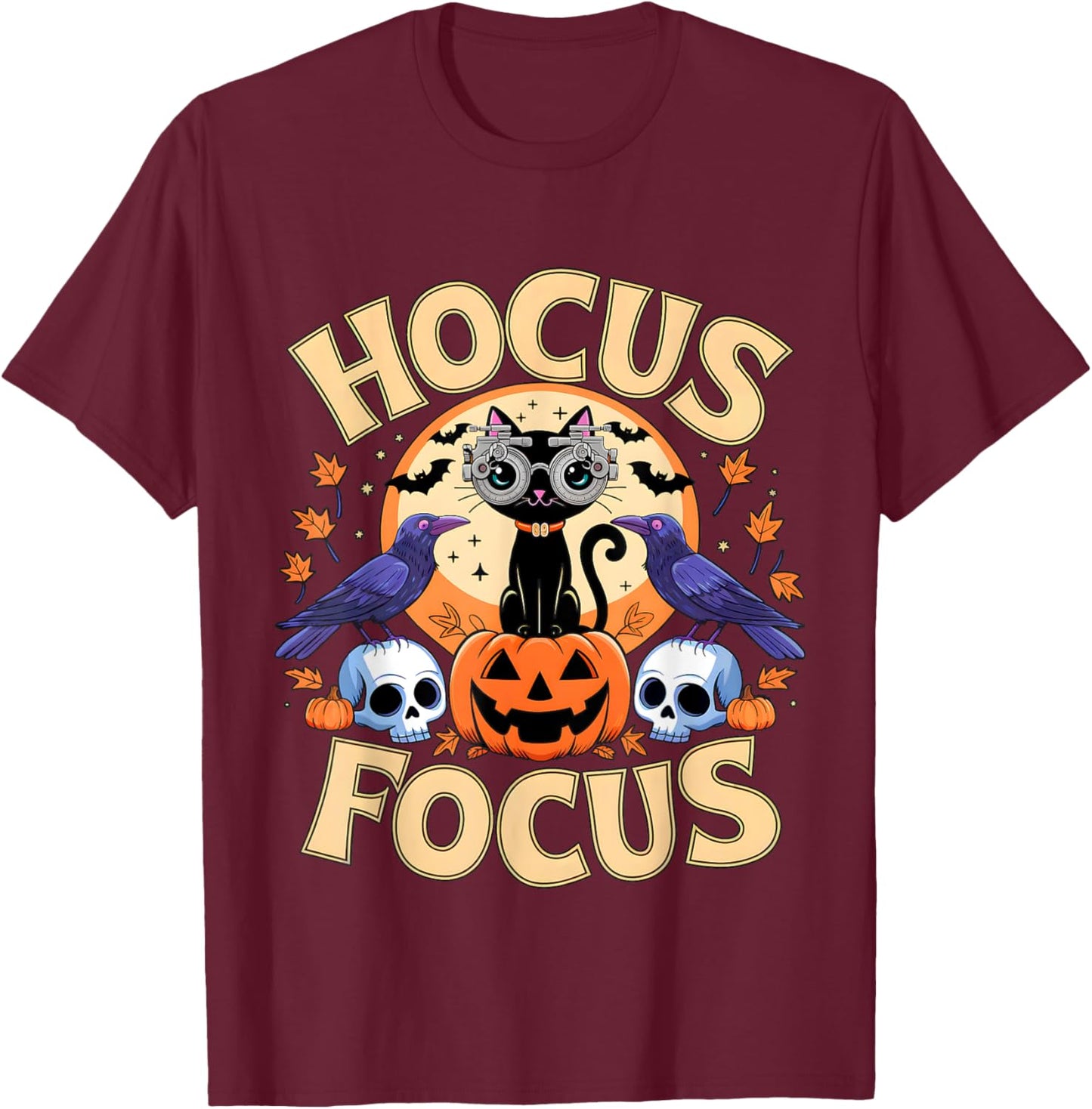 Hocus Focus Optometry Halloween Shirt Eye Doctor Cat Spooky T-Shirt - T-Shirt | Maroon