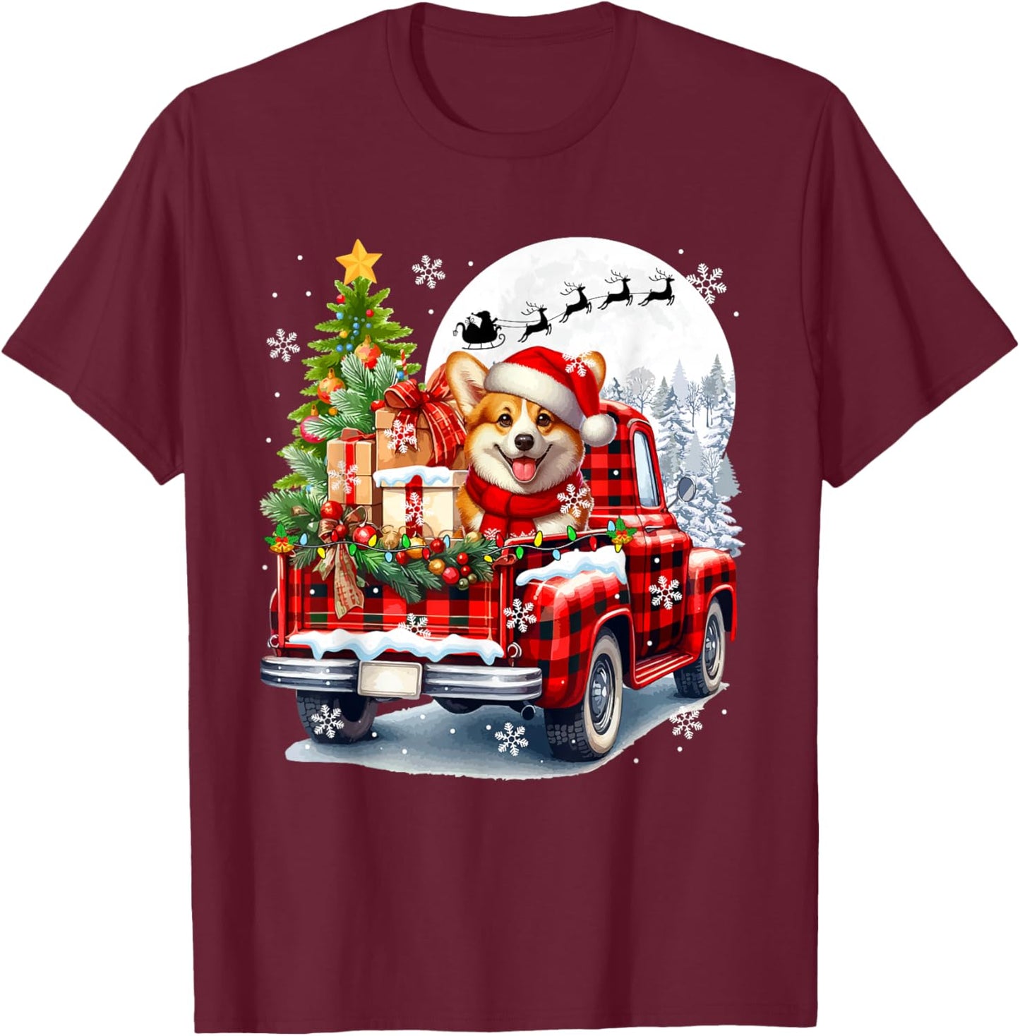 Santa Corgi On Pickup Truck Christmas Owner Kids Family T-Shirt - T-Shirt | Maroon