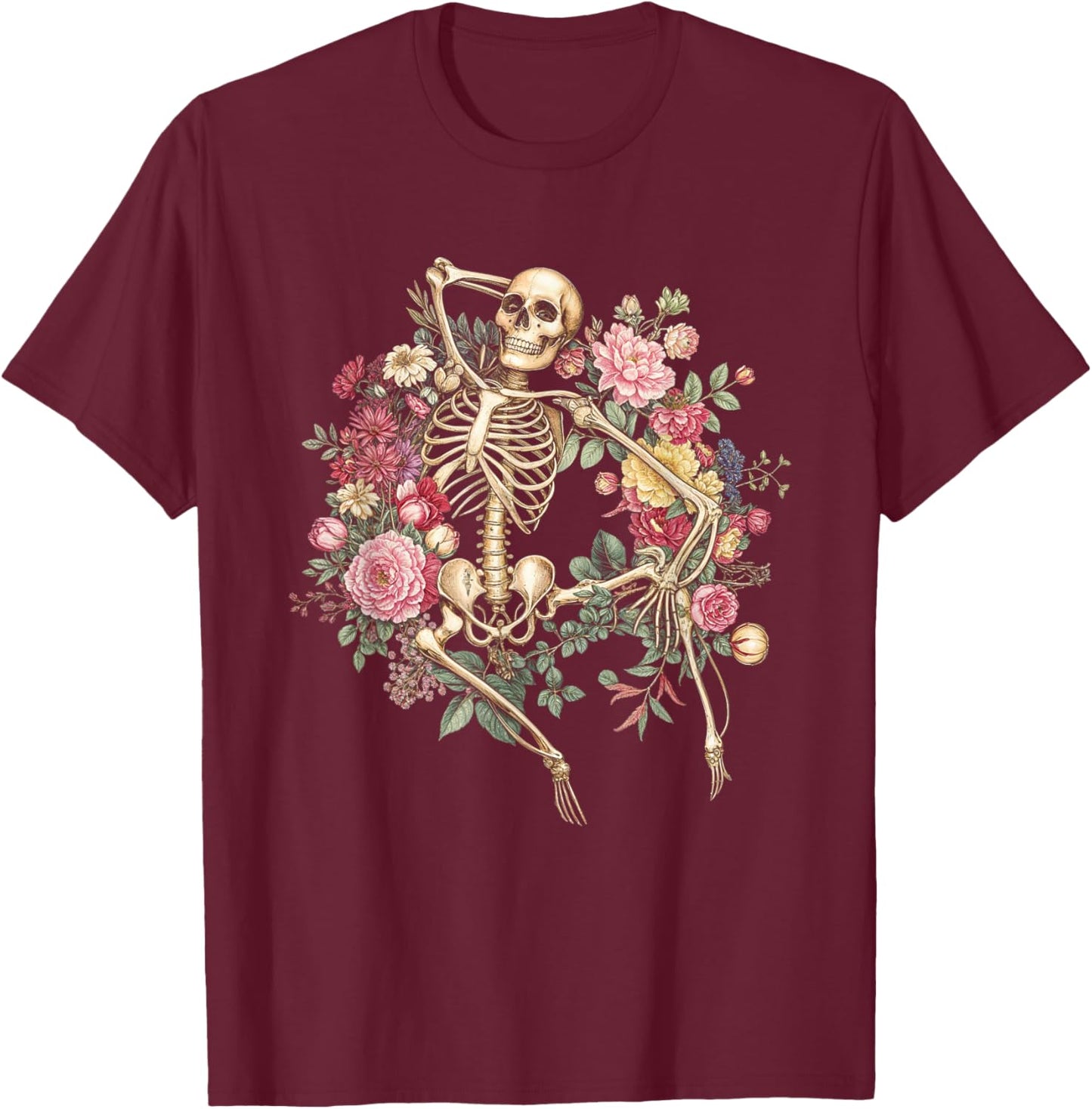 Floral Skeleton Vintage Goth Halloween Costume T-Shirt - T-Shirt | Maroon
