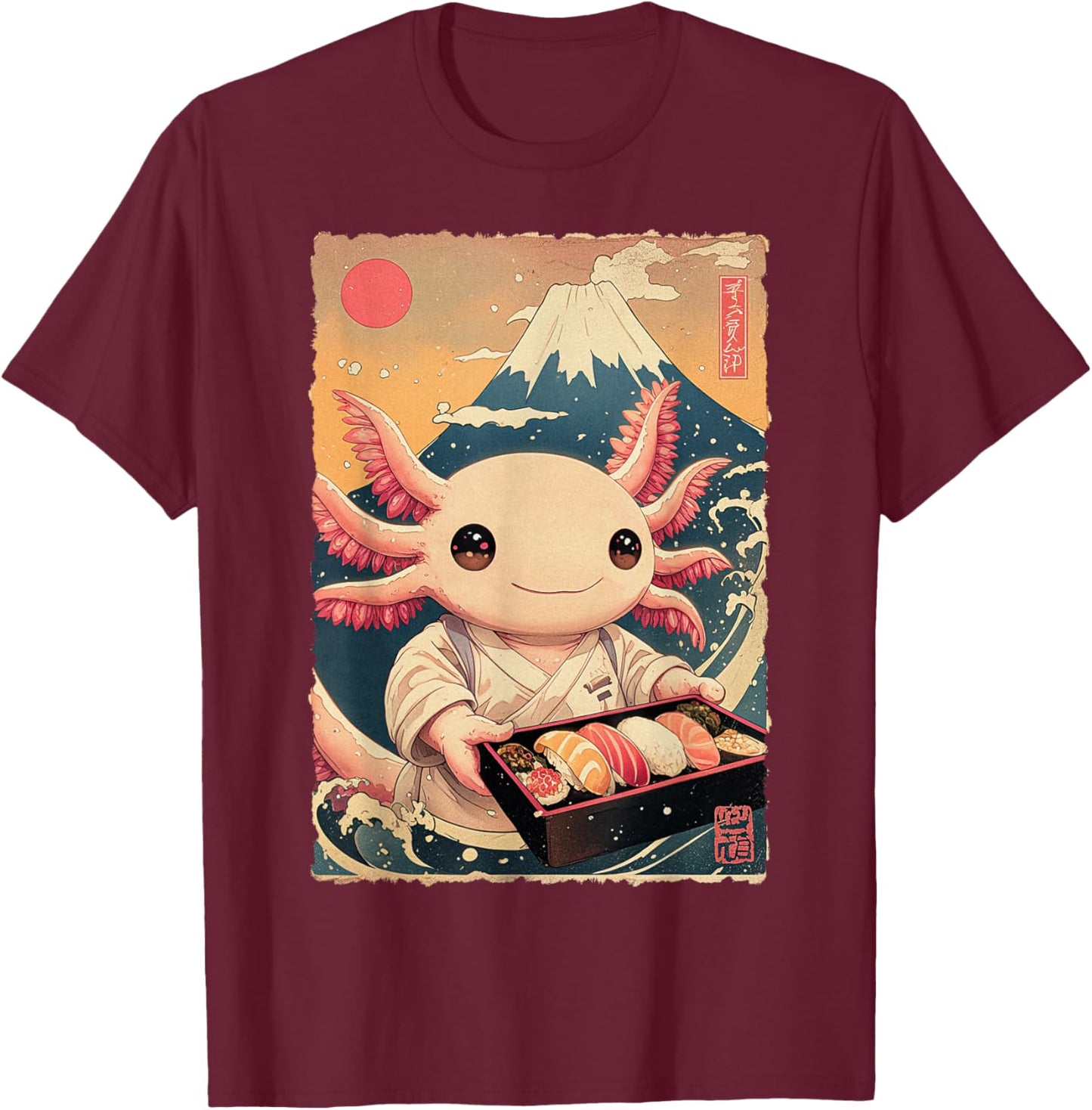 Funny Japanese Food Anime Art Axolotl Sushi Chef Otaku T-Shirt - T-Shirt | Maroon