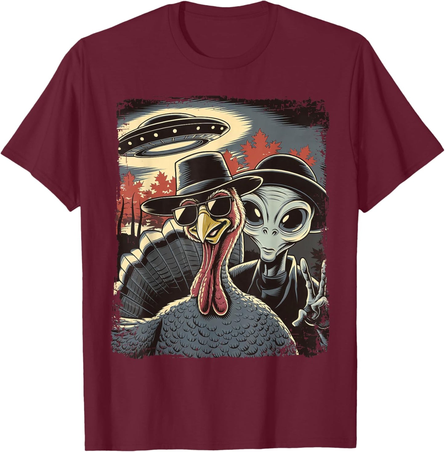 Alien Selfie With Turkey Thanksgiving Funny Photo UFO T-Shirt - T-Shirt | Maroon