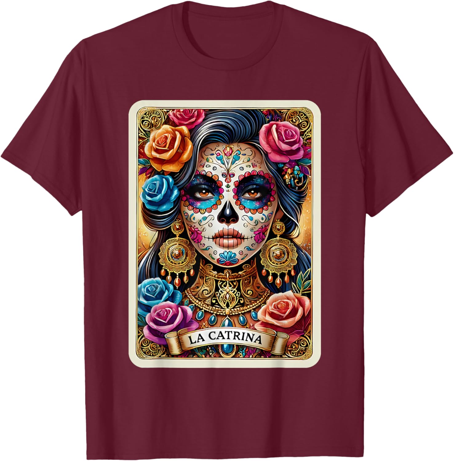 La Catrina Tarot Card Day of the Dead Dia de los Muertos T-Shirt - T-Shirt | Maroon