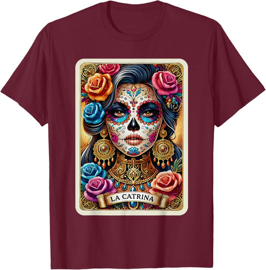La Catrina Tarot Card Day of the Dead Dia de los Muertos T-Shirt - T-Shirt | Maroon