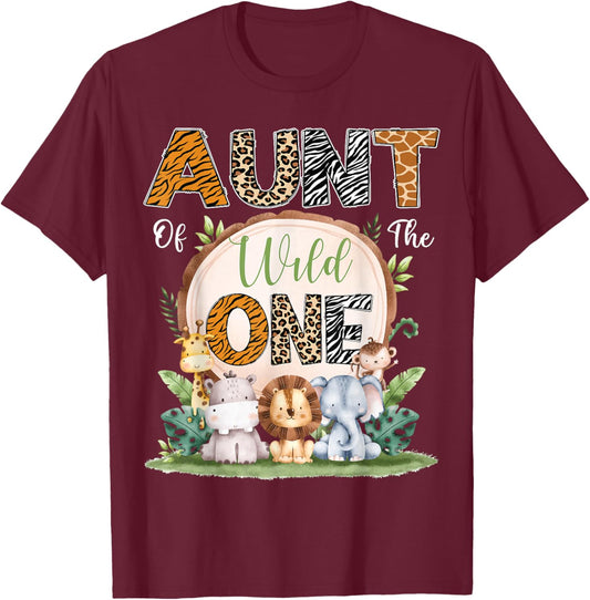 Aunt Of The Wild One First Birthday Safari Woodland T-Shirt - T-Shirt | Maroon