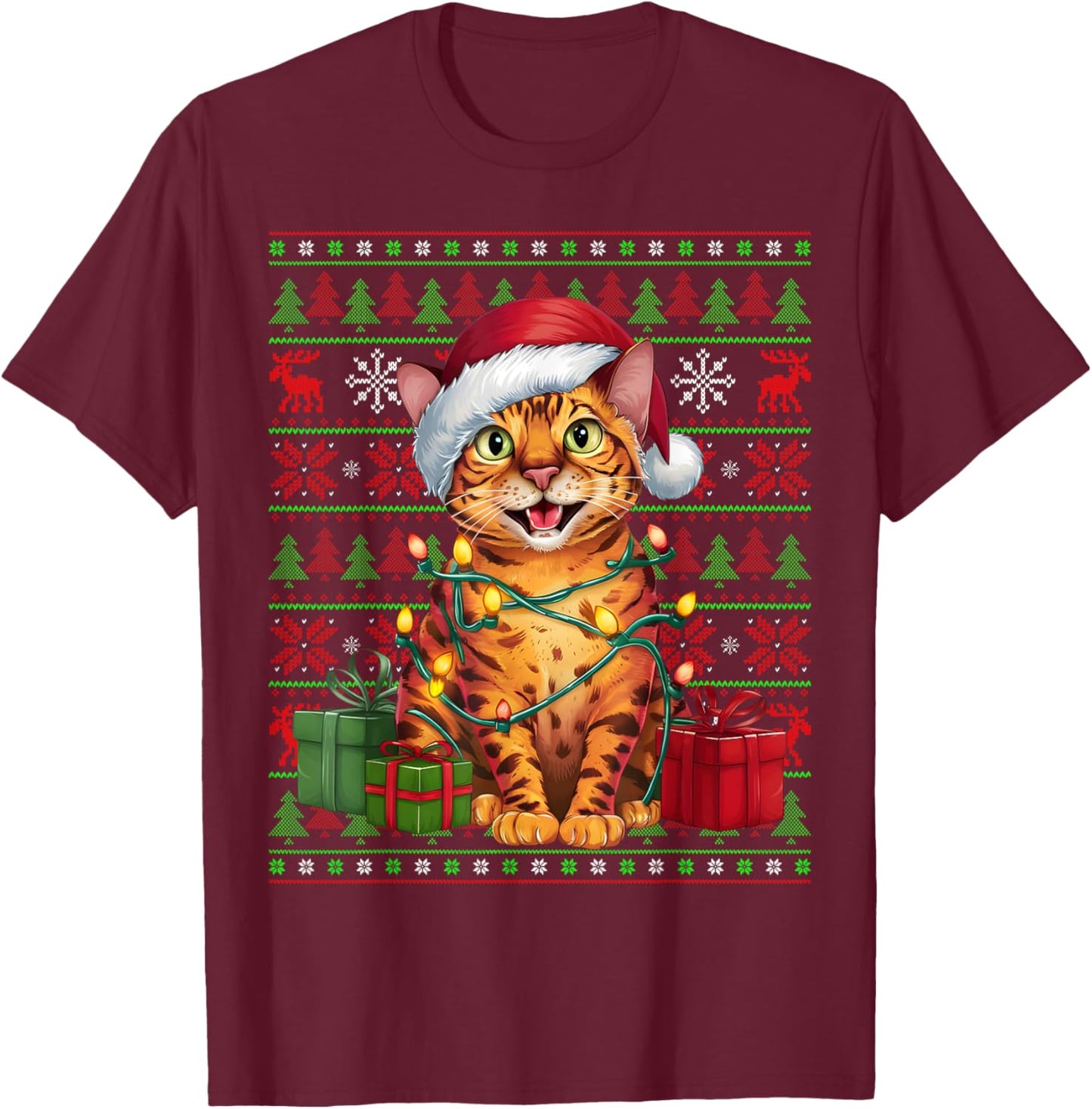 Bengal Cat Xmas Lights Ugly Santa Hat Bengal Cat Christmas Men Women Kids T-Shirt - T-Shirt | Maroon