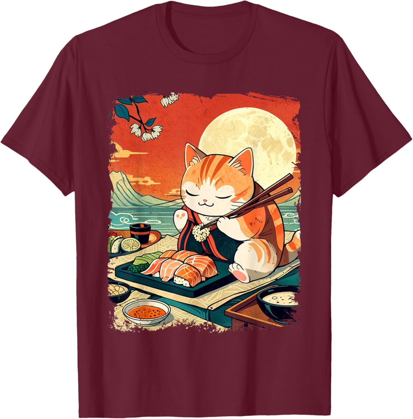Ukiyo-e Art Japanese Funny Cat Eating Sushi T-Shirt - T-Shirt | Maroon