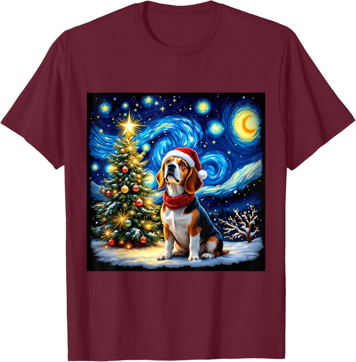 Beagle Starry Night Christmas Van Gogh Dog Santa Hat Holiday T-Shirt - T-Shirt | Maroon