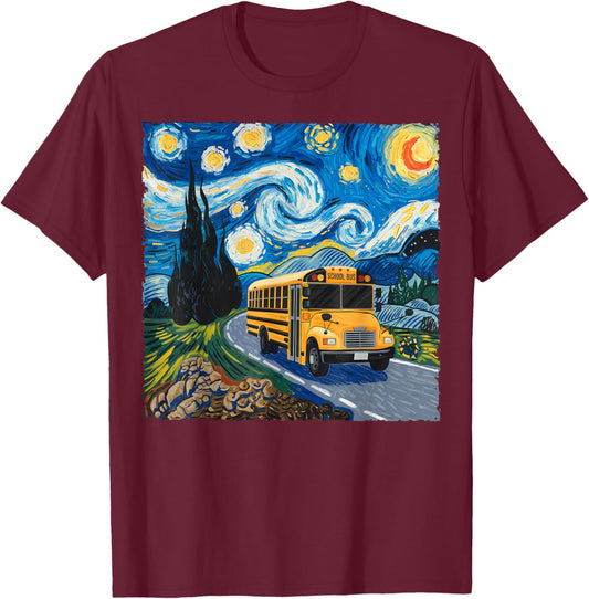 Starry Night School Bus Driver Van Gogh Art Style Halloween T-Shirt - T-Shirt | Maroon