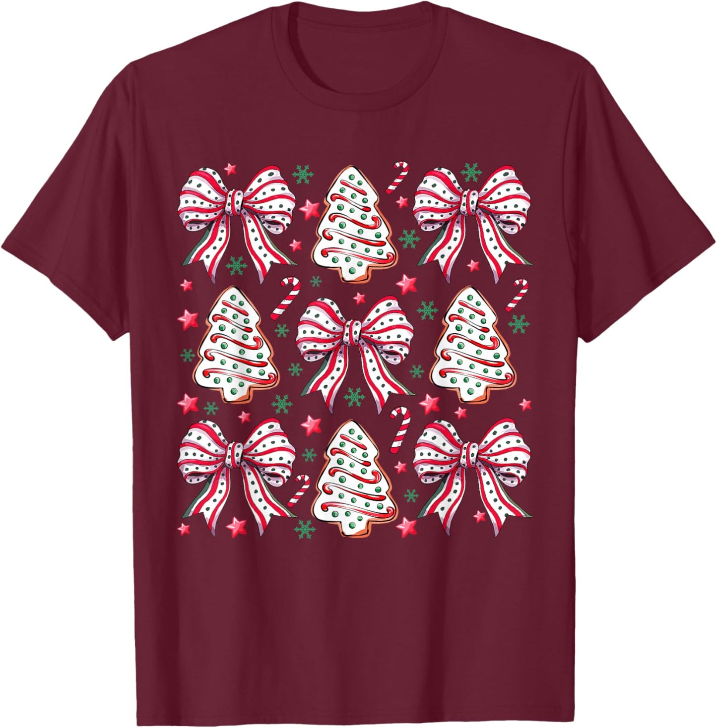 Coquette Bow Tree Cake Candy Cane Merry Christmas Women Kids T-Shirt - T-Shirt | Maroon
