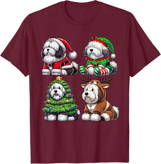 Old English Sheepdog Christmas Tree Santa Elf Costume Dog T-Shirt - T-Shirt | Maroon