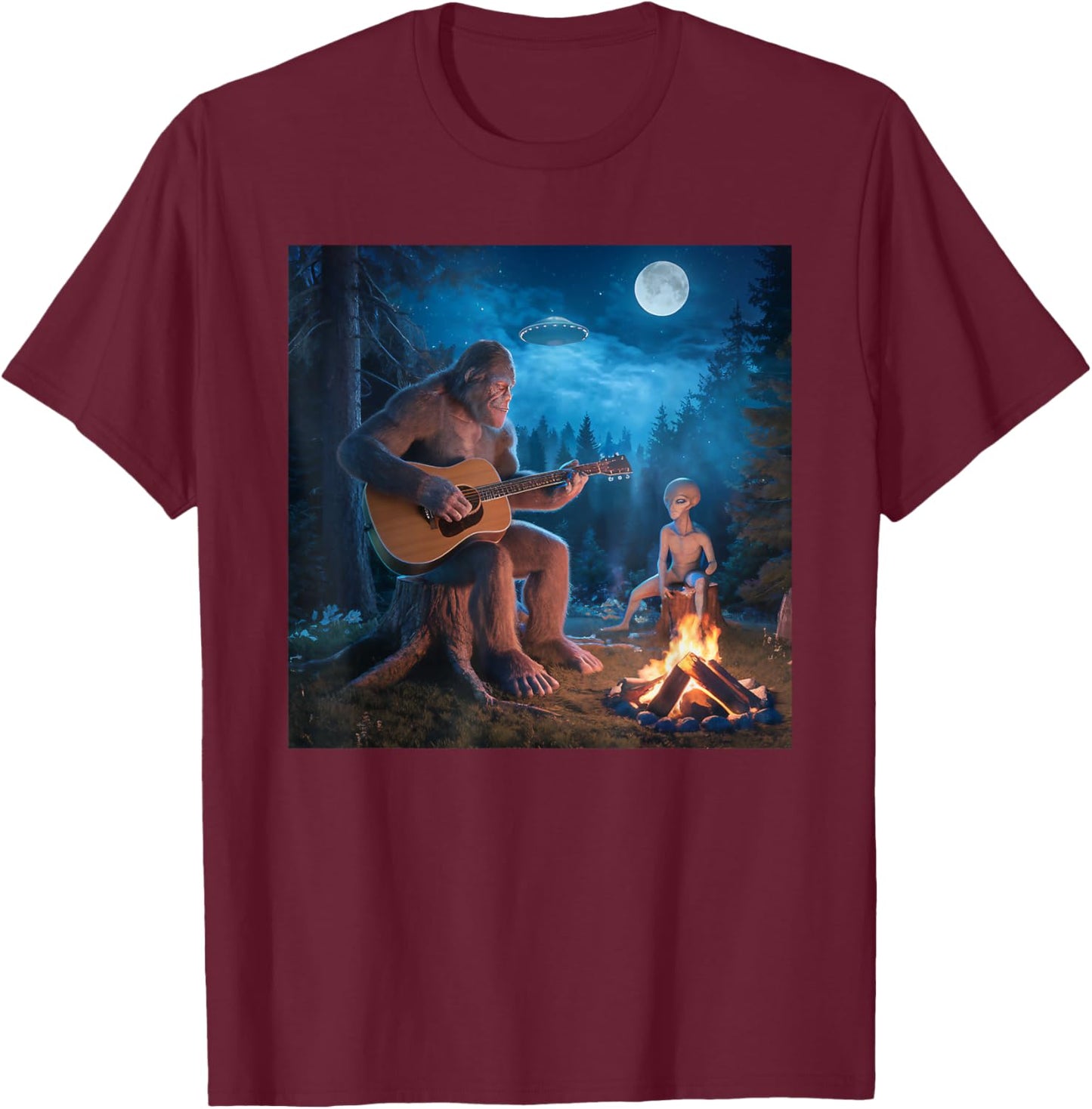 Bigfoot Alien Sasquatch Campfire UFO Music Night Scene T-Shirt - T-Shirt | Maroon