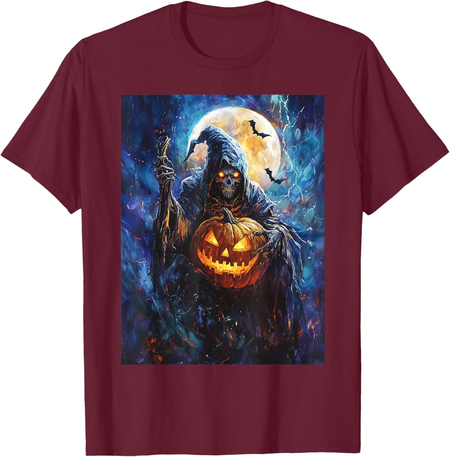 Halloween Spooky Pumpkin Design Scary Grim Reaper Halloween T-Shirt - T-Shirt | Maroon