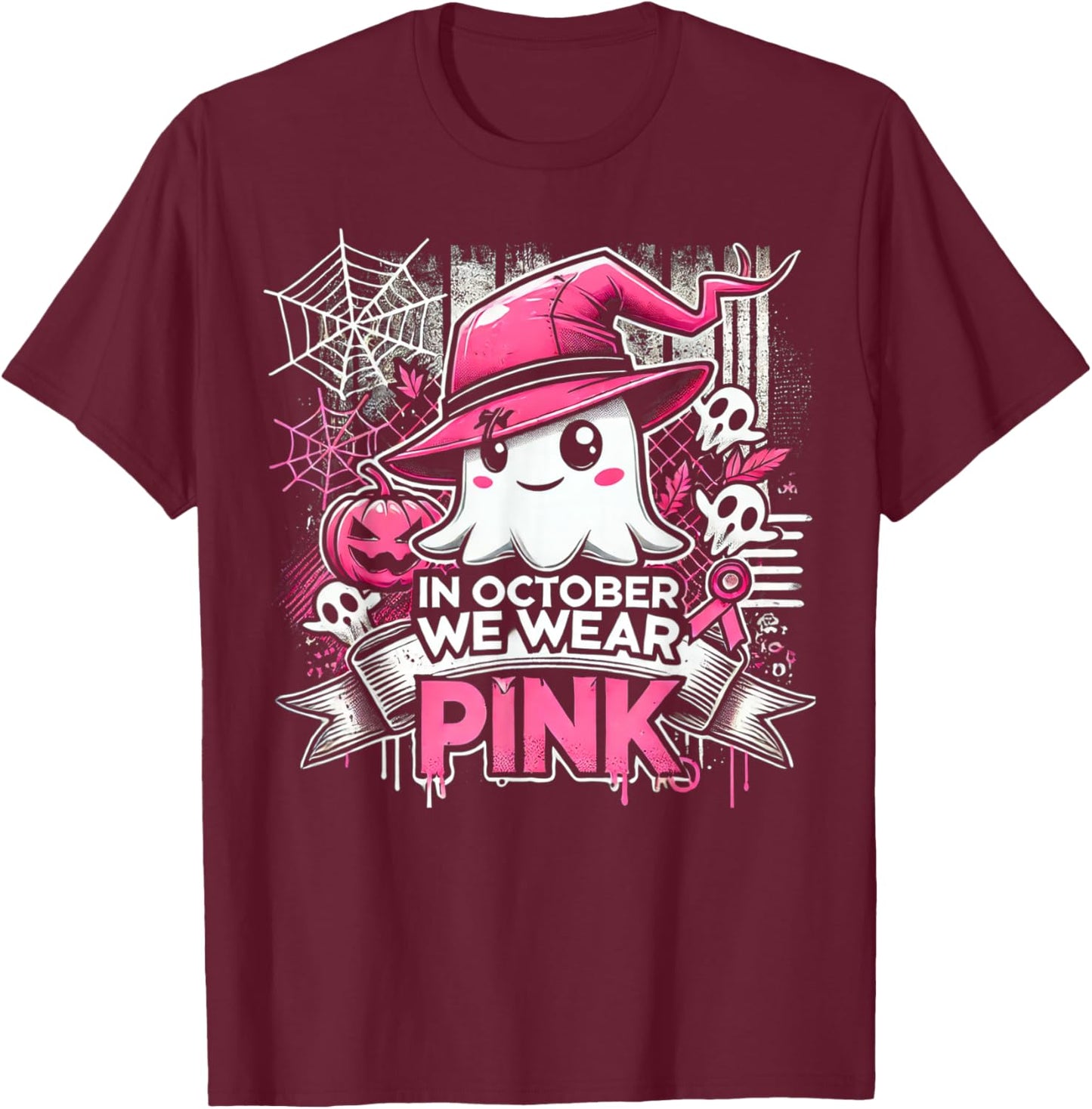 October We Wear Pink Ghost Witch Halloween T-Shirt - T-Shirt | Maroon
