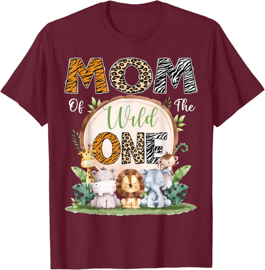 Mom Of The Wild One First Birthday Safari Woodland T-Shirt - T-Shirt | Maroon