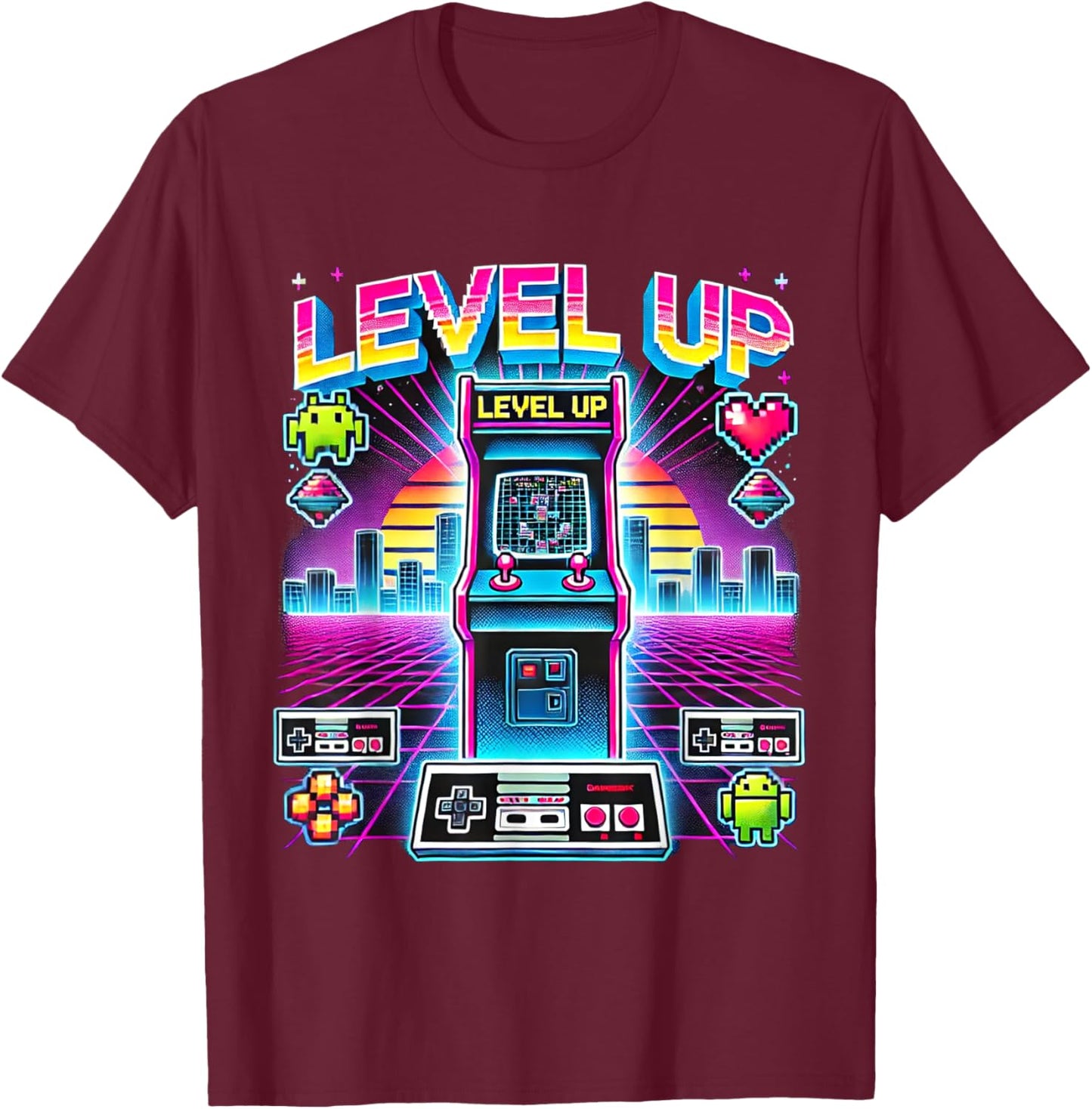 Level-Up for Gamers Nostalgic Retro Arcade T-Shirt - T-Shirt | Maroon