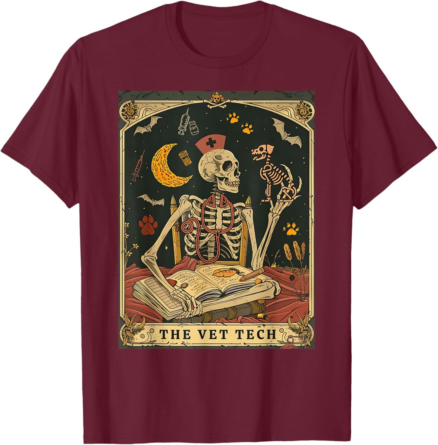 The Vet Tech Tarot Card Skeleton Stethoscope Veterinarian T-Shirt - T-Shirt | Maroon