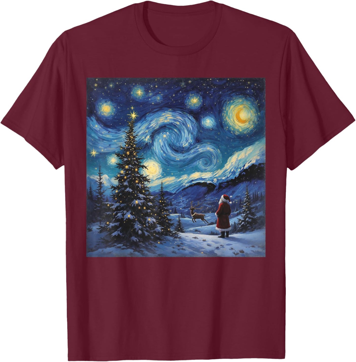 Xmas Santa Van Gogh Famous Painting Starry Night Christmas T-Shirt - T-Shirt | Maroon