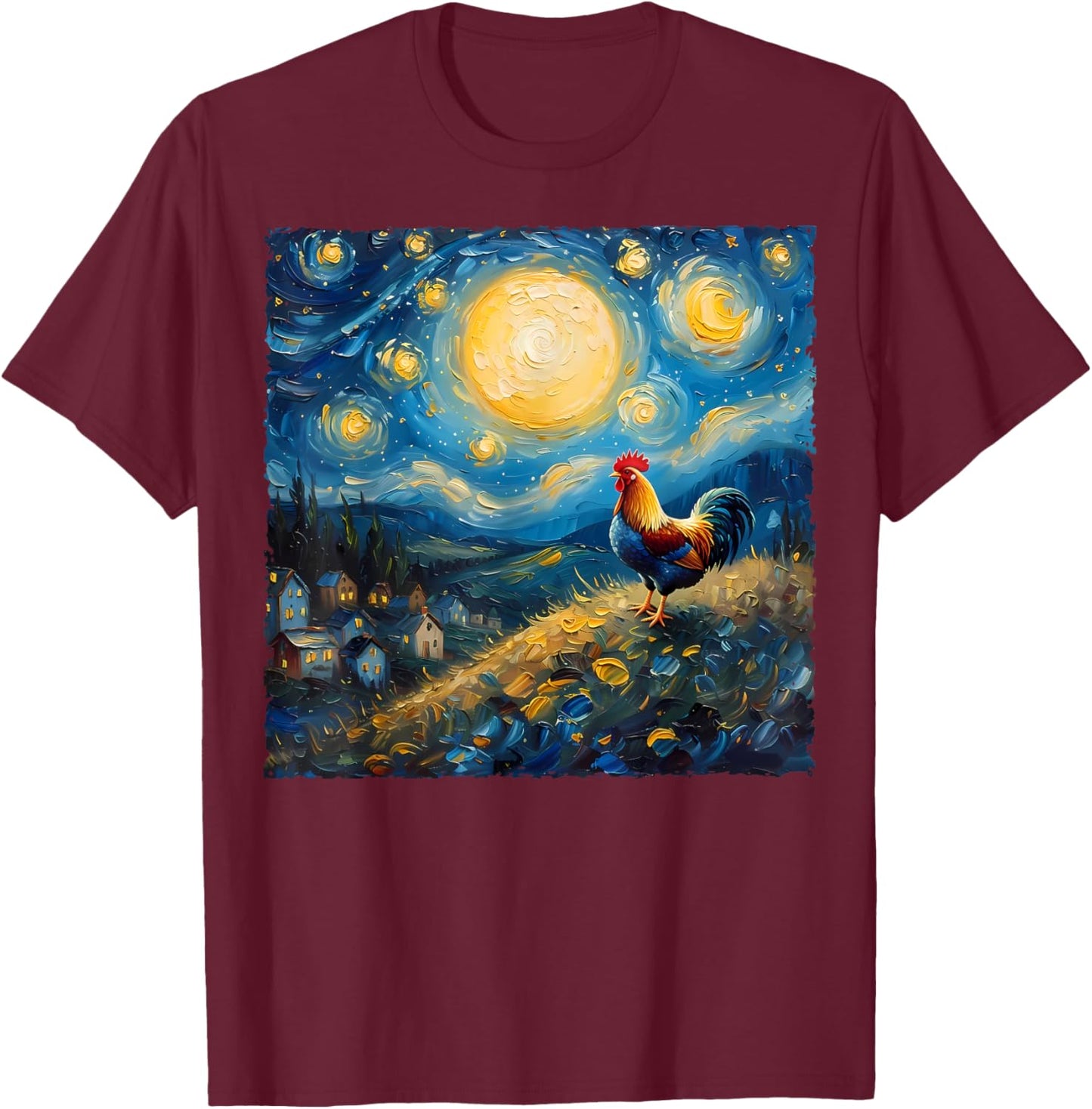 Van Gogh Style Funny Rooster Lover The Starry Night Painting T-Shirt - T-Shirt | Maroon